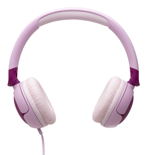 Cuffie on-ear rosa e rosso scuro con padiglioni imbottiti e un cavo su sfondo bianco.