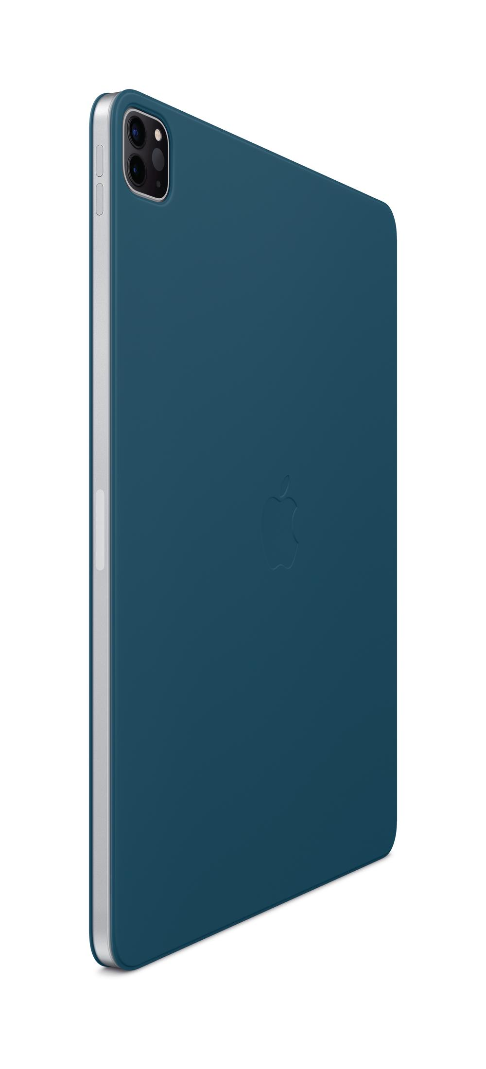 Custodia per tablet blu su fondo bianco con logo Apple e ritaglio per fotocamera.