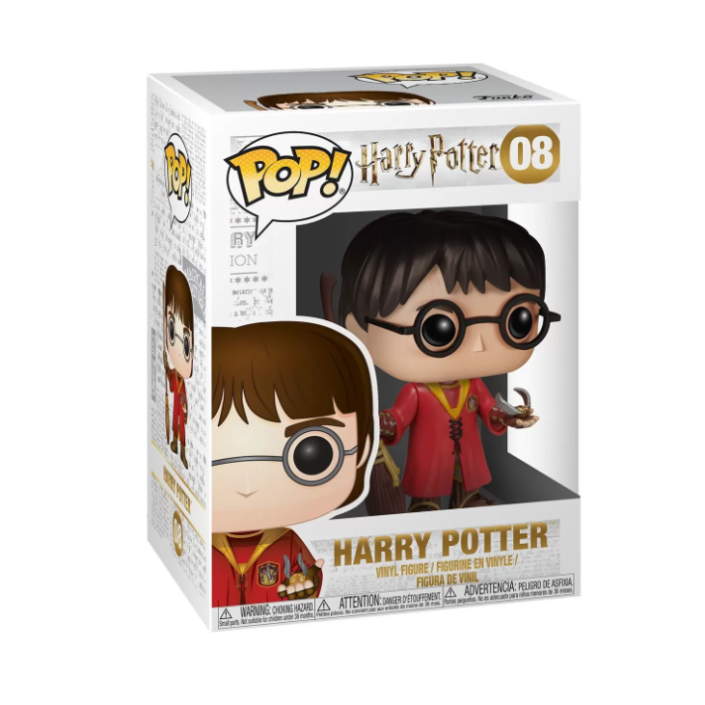 Figura in vinile Funko Pop di Harry Potter in scatola con finestra, raffigurante Harry con occhiali, veste e boccino.