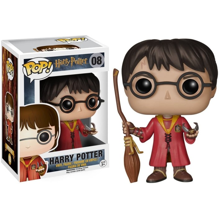Figura Funko Pop di Harry Potter con scopa e boccino, accanto alla sua scatola.