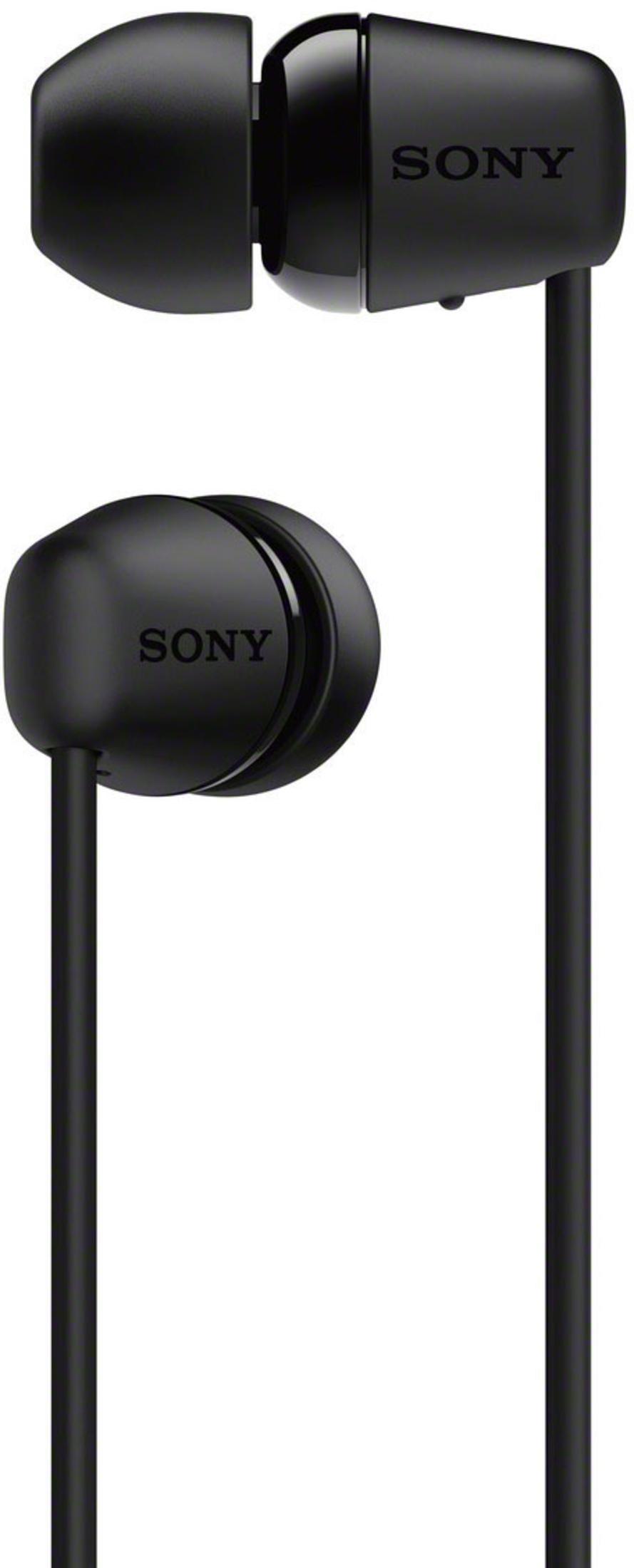 Schwarze Sony In-Ear-Kopfhörer mit Kabel auf weißem Hintergrund.