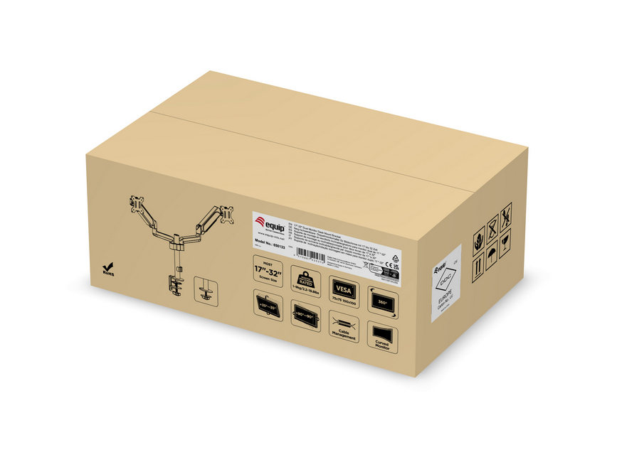 A brown cardboard box for a monitor mount, featuring product graphics and technical specifications on the front.