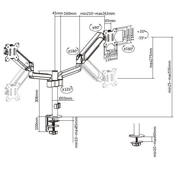 Technical drawing of a dual monitor desk mount with measurements and angles.