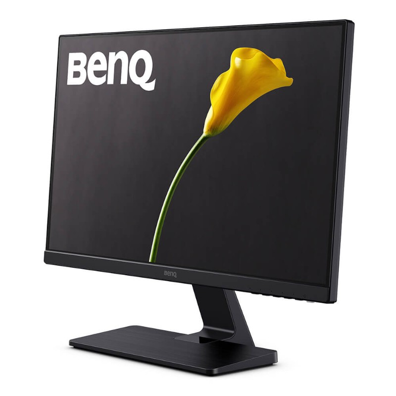 Ein schwarzer BenQ-Monitor zeigt eine gelbe Blume auf dunklem Hintergrund vor weißer Kulisse.