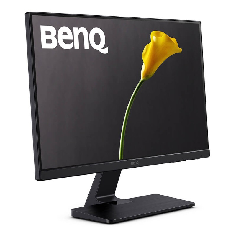 Ein schwarzer BenQ-Monitor zeigt ein Bild mit weißem Logo und einer gelben Blüte auf dunklem Hintergrund.
