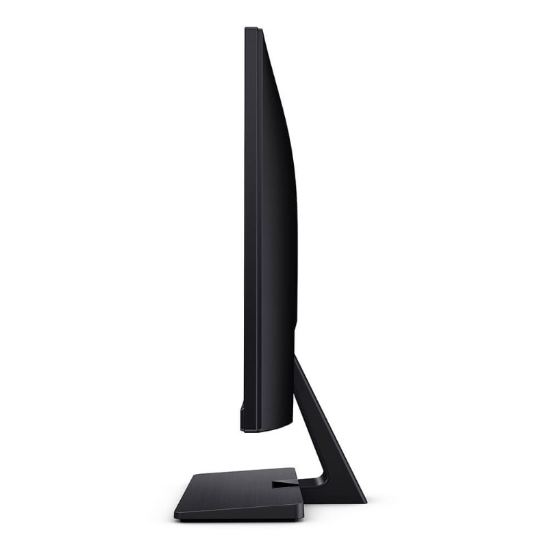Seitenansicht eines modernen schwarzen Monitors mit schlankem Standfuß auf weißem Hintergrund.