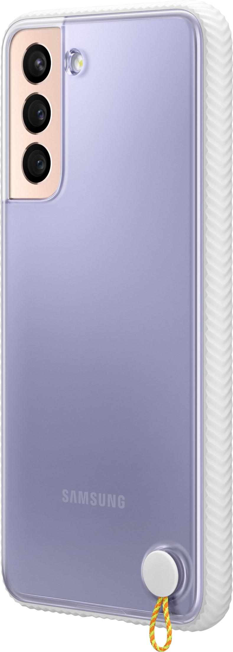 Vista posteriore di uno smartphone Samsung viola con custodia bianca e cordino giallo.