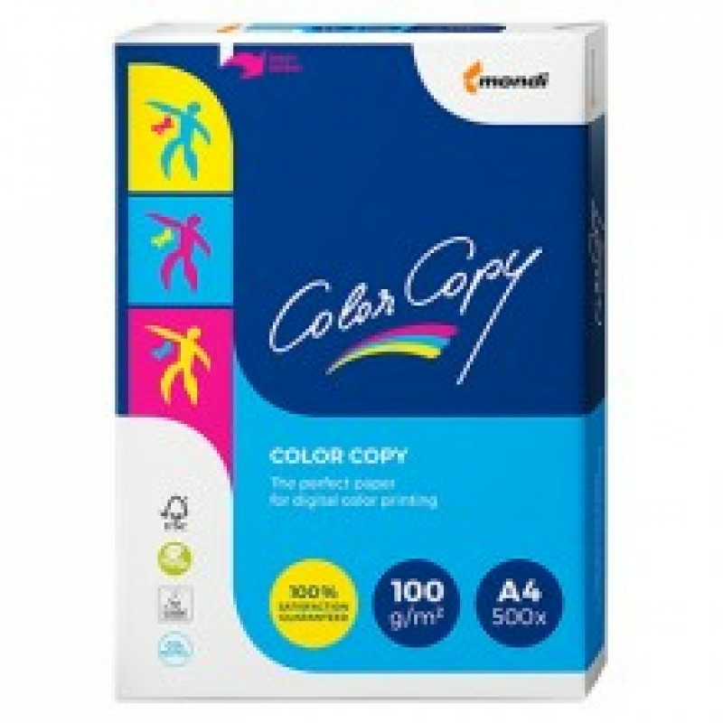 Blaue Verpackung von Mondi Color Copy A4 Papier, 100 g/m² mit 500 Blatt.