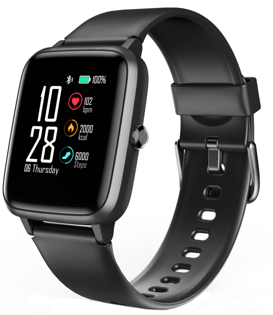Smartwatch nero con display quadrato che mostra ora, frequenza cardiaca, calorie e passi su sfondo scuro.