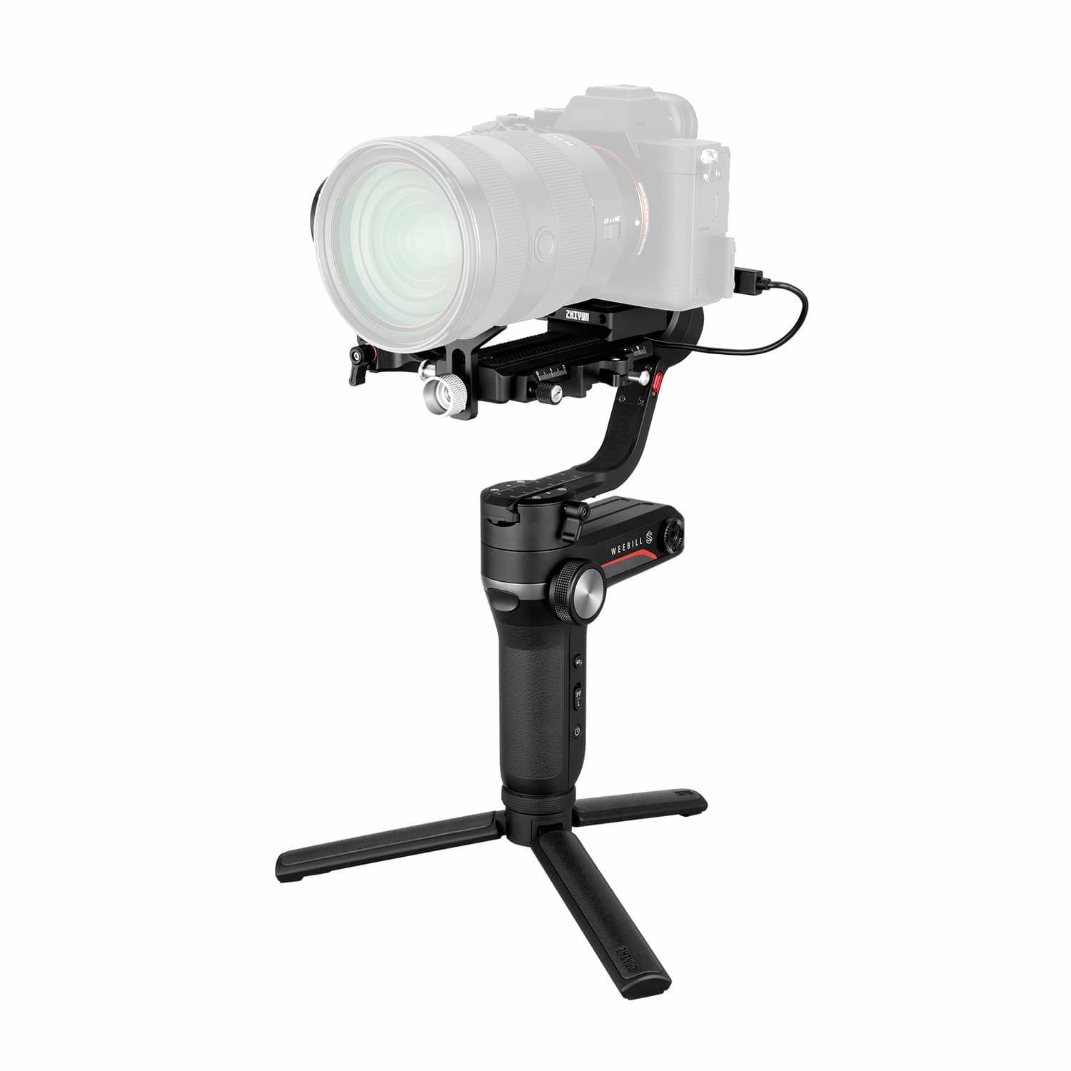 Schwarzer Kamerastabilisierungsgimbal mit Stativ und montierter Kamera vor weißem Hintergrund.