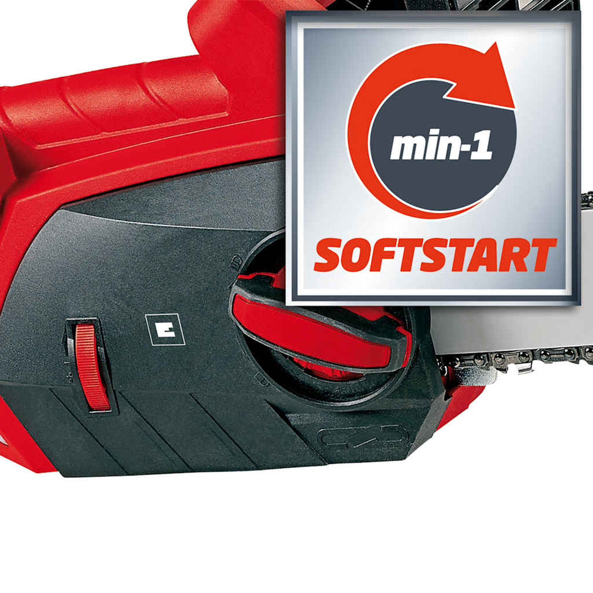 Close-up of a red and black chainsaw with an overlay featuring the text SOFTSTART and a min-1 rotation symbol.