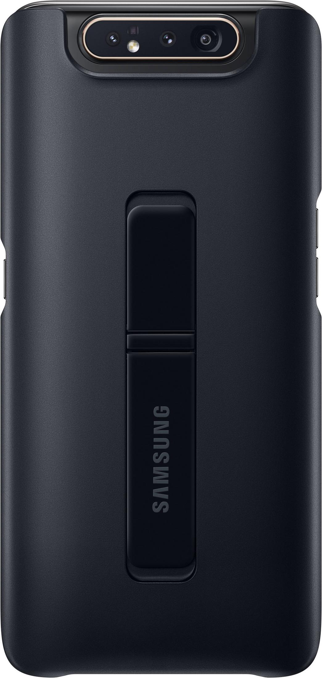 Rückseite eines schwarzen Samsung-Smartphones mit vertikalem Ständer und einer Kameraeinheit oben.