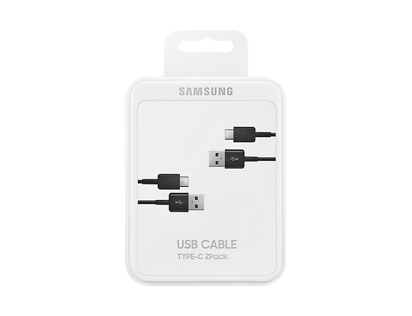 Samsung verpakking voor een USB Type-C 2-pack kabel in het wit met zwarte afbeeldingen.