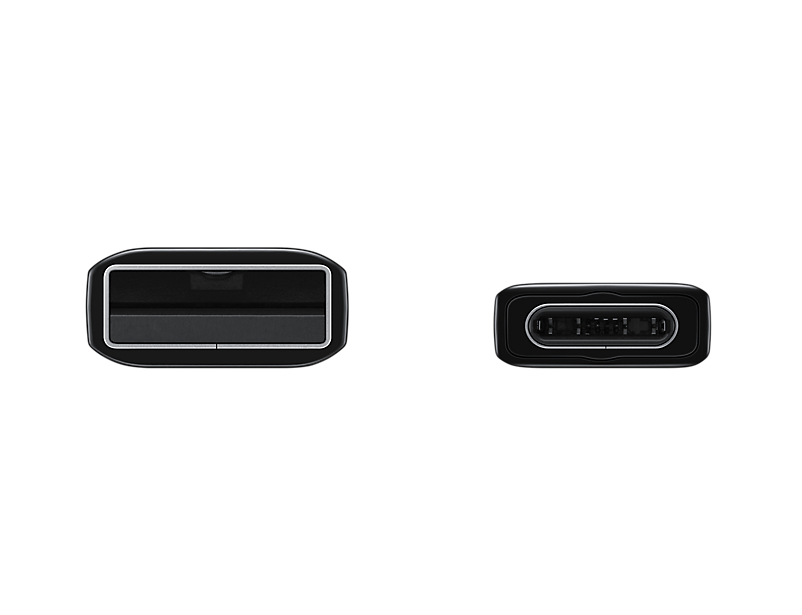 Twee zwarte USB-poorten, USB-A links en USB-C rechts, tegen een witte achtergrond.