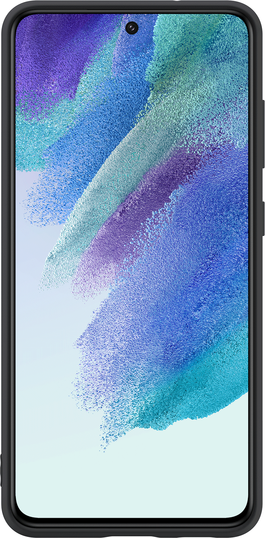 Ein Smartphone mit dünnem Rahmen zeigt ein abstraktes blau-violettes Hintergrundbild aus Punktmustern.