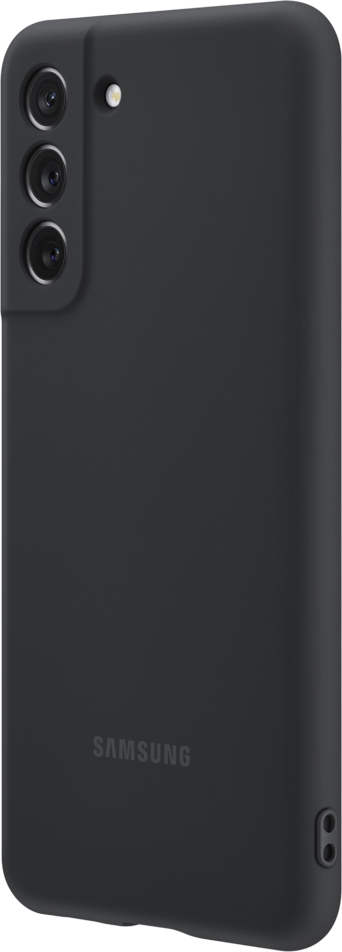 Ein schwarzes Smartphone mit einer Schutzhülle, drei Kameras auf der Rückseite und dem Samsung-Logo.