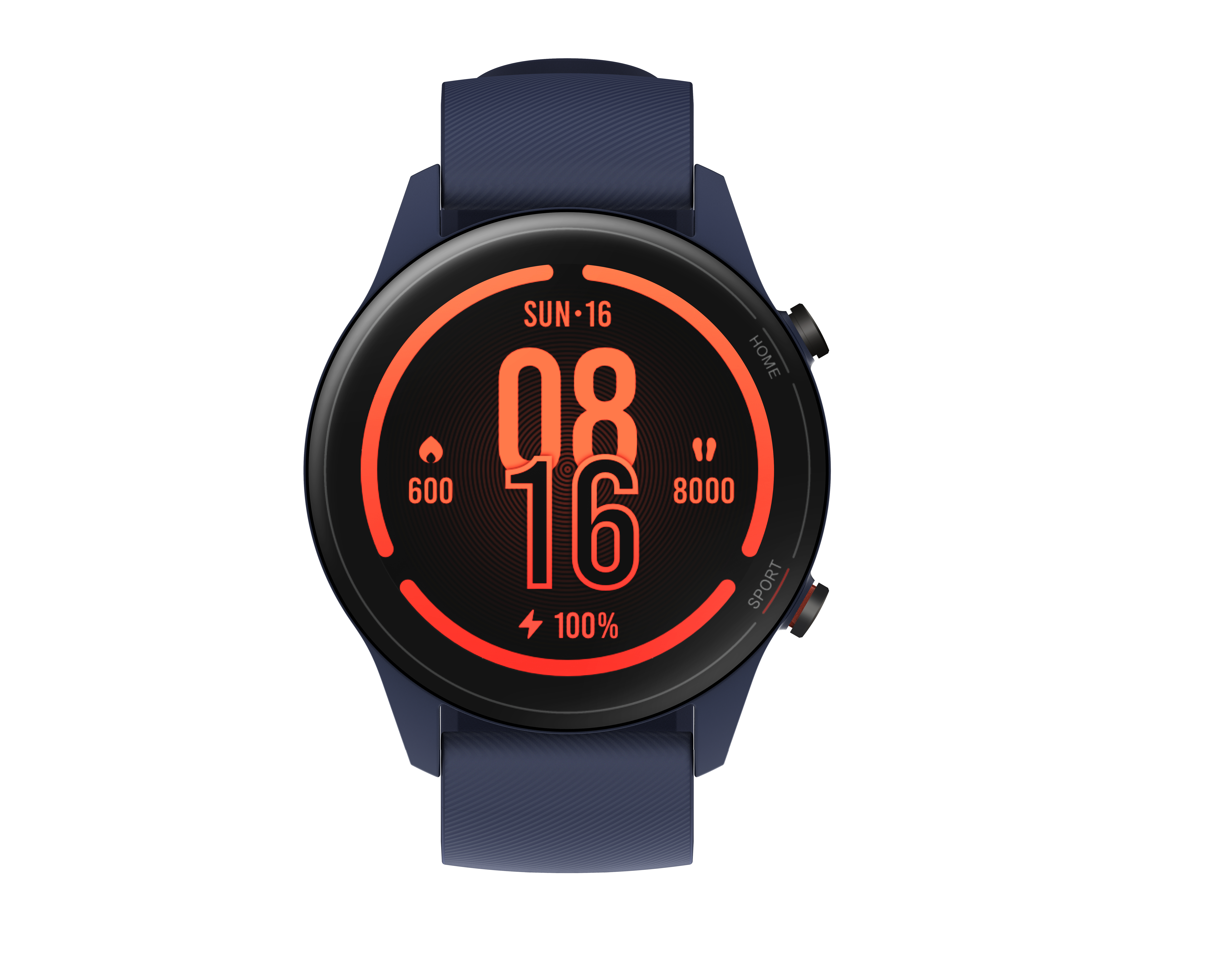 Smartwatch blu con schermo nero, numeri arancioni per ora, data, dati di fitness e livello batteria.