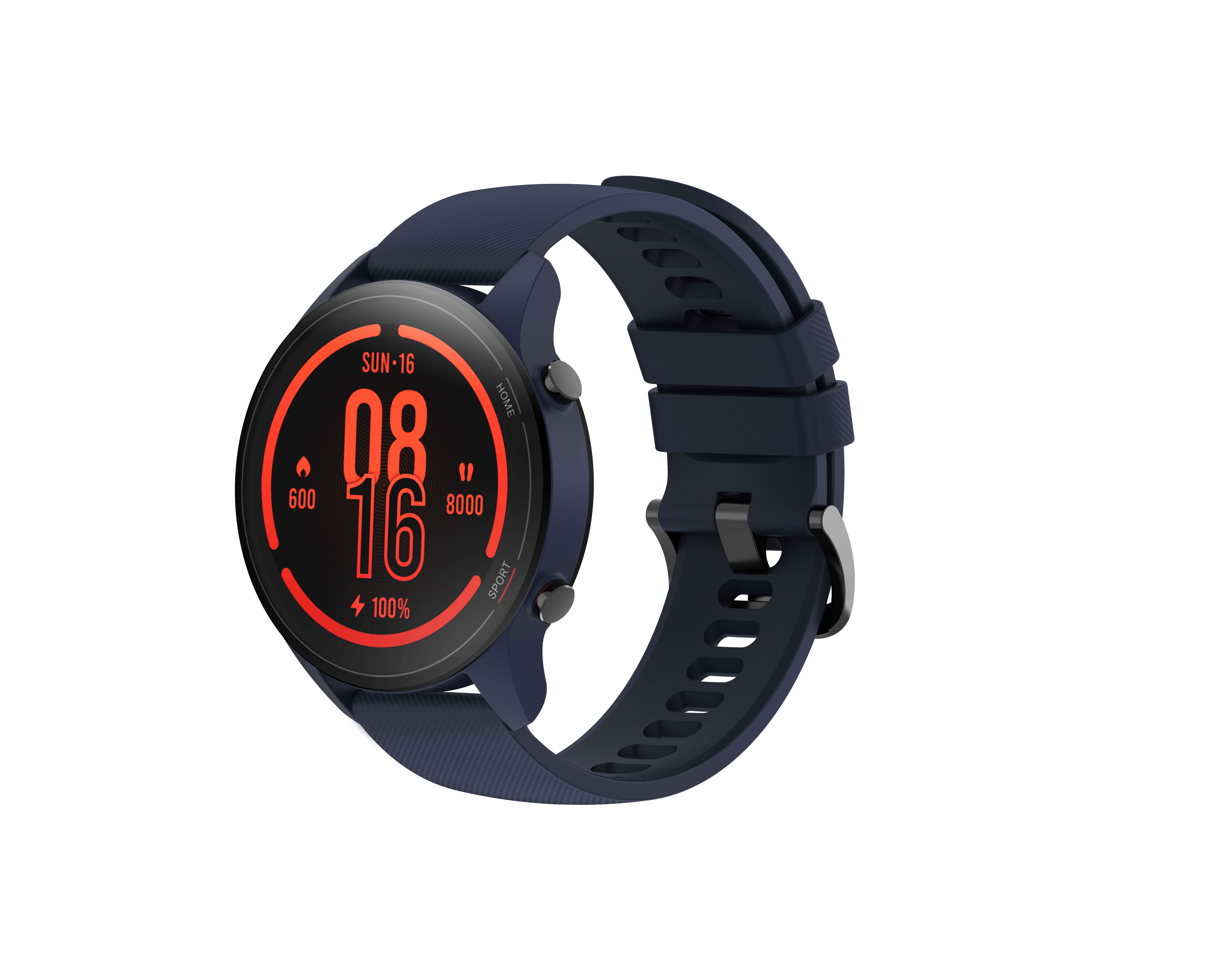 Smartwatch blu scuro con schermo rotondo e quadrante rosso su sfondo bianco.