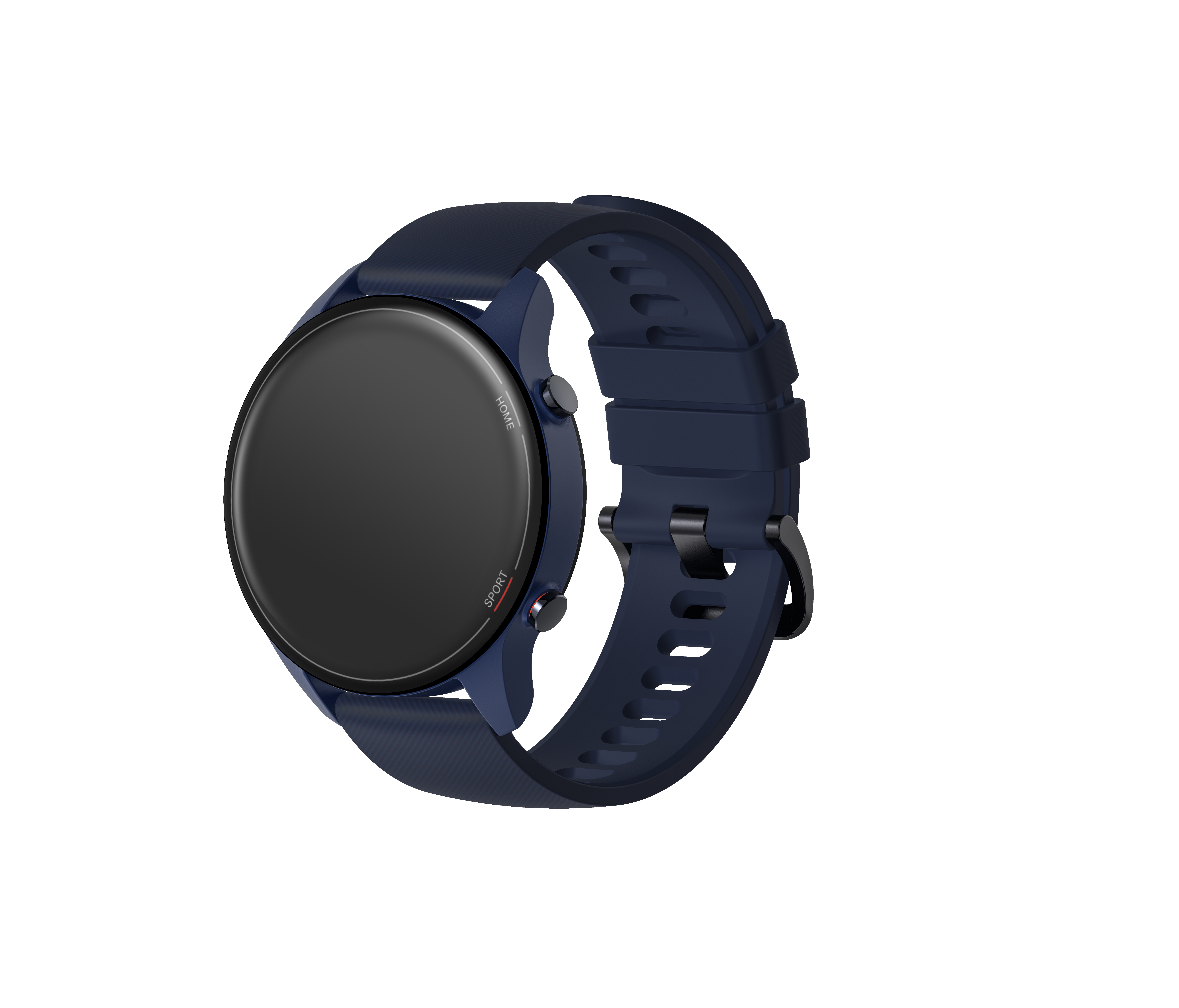 Uno smartwatch blu scuro con schermo rotondo e cinturino in silicone su sfondo bianco.
