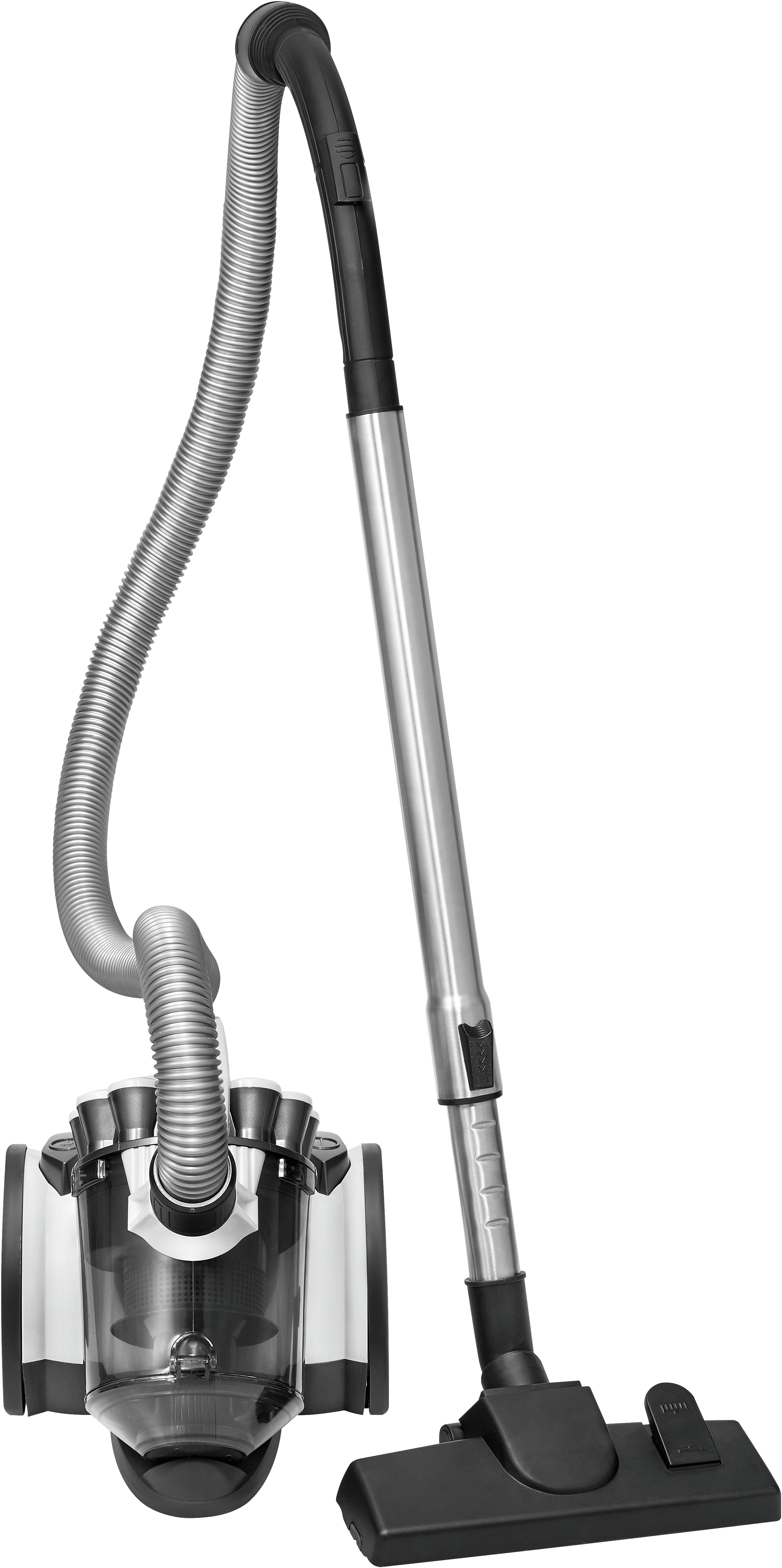 Ein weiß-schwarzer Staubsauger mit silbergrauem Metallrohr und flexiblem Schlauch vor weißem Hintergrund.