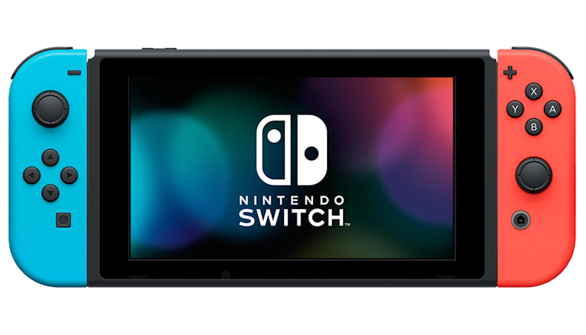 Una console Nintendo Switch con un Joy-Con sinistro blu e uno destro rosso su sfondo bianco.