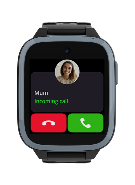 Eine schwarze Smartwatch zeigt einen eingehenden Anruf von Mum mit roten und grünen Tasten.