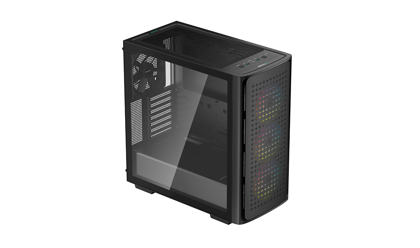 Black PC tower case with glass side and patterned front.