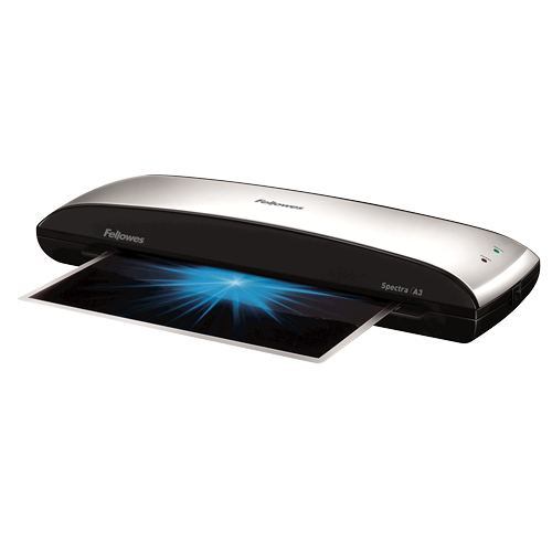 Czarno-srebrny laminator Fellowes Spectra A3 laminujący papier z grafiką niebieskiego światła.