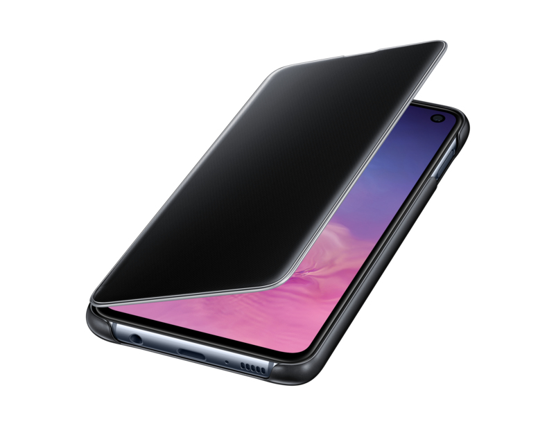 Ein schwarzes Smartphone mit geöffneter Schutzhülle zeigt einen bunten Bildschirm vor weißem Hintergrund.