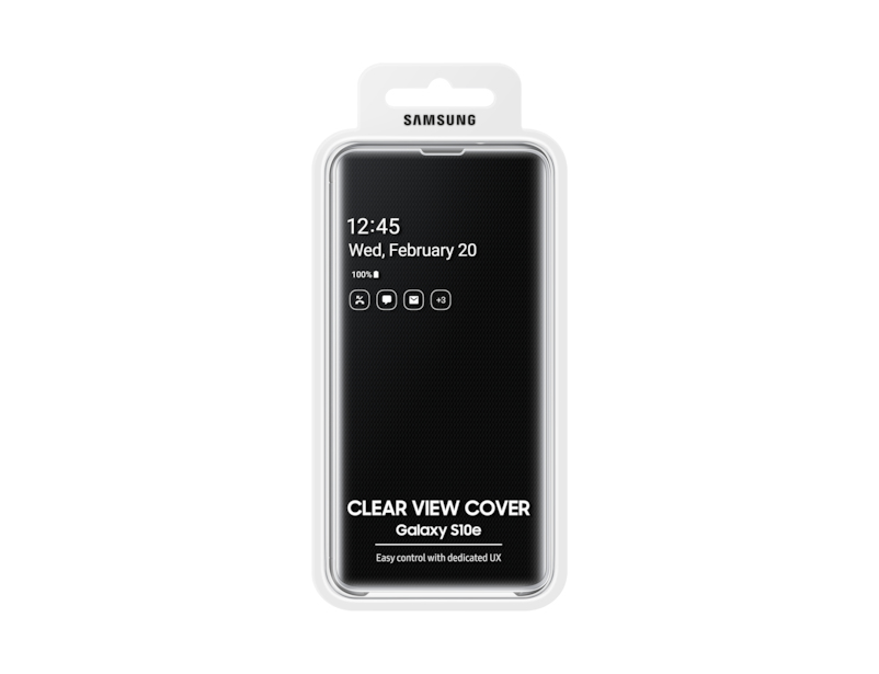 Eine schwarze Samsung Galaxy S10e Clear View Cover in weißer Verpackung.