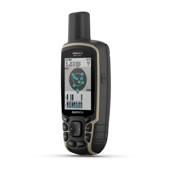 Ein schwarz-braunes Garmin-Hand-GPS-Gerät mit Satellitendaten auf dem Bildschirm und Tasten darunter.