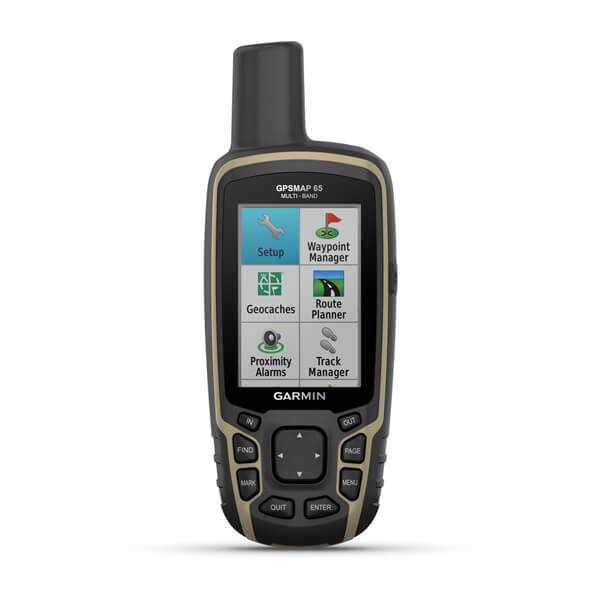 Garmin GPSMAP 65 Hand-GPS-Gerät mit Farbdisplay und physischen Tasten auf weißem Hintergrund.