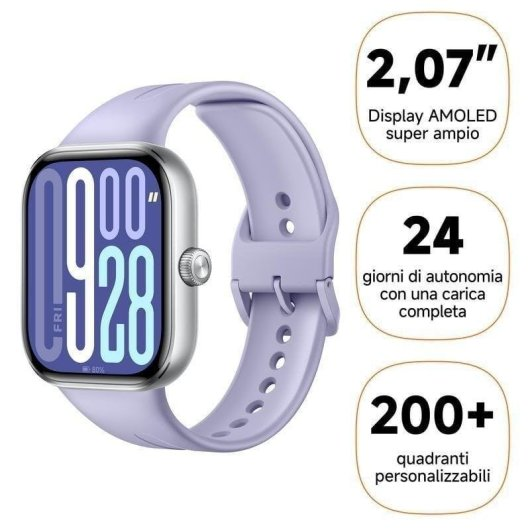 Lila Smartwatch mit digitalem Zifferblatt und Feature-Texten.