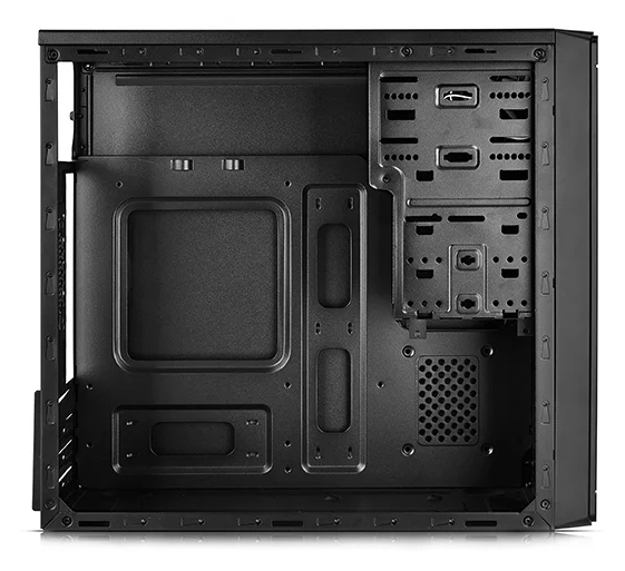 An empty black computer case interior with drive bays.