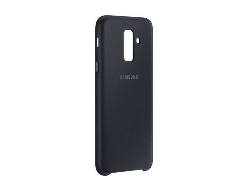 Eine schwarze Smartphone-Hülle mit Samsung-Logo auf der Rückseite vor weißem Hintergrund.