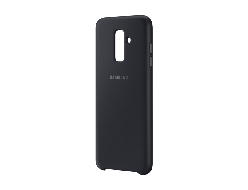 Eine mattschwarze Samsung-Handyhülle aus Silikon mit Aussparungen für Kamera und Tasten.