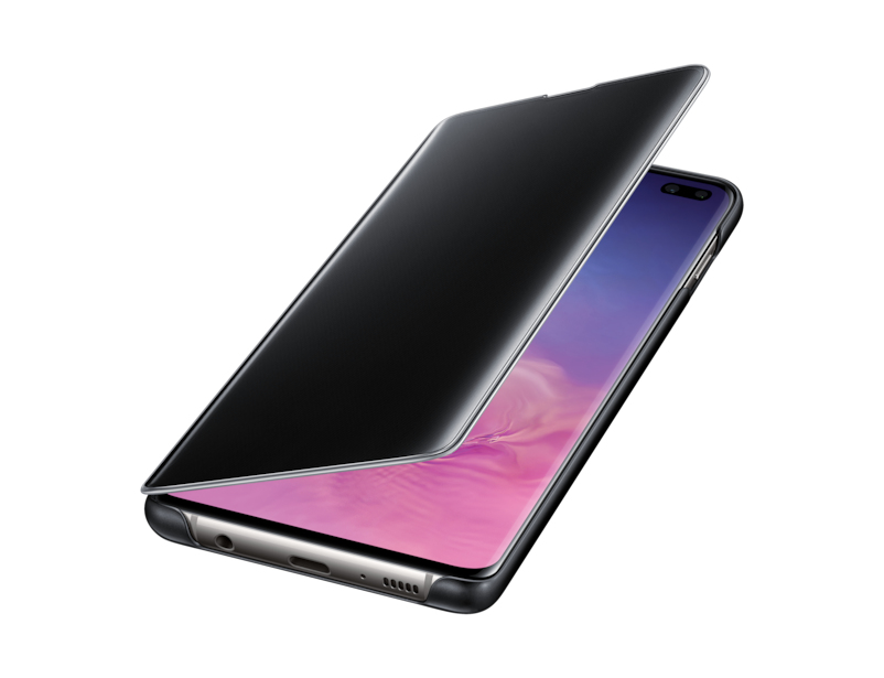 Ein Smartphone mit einer Schutzhülle, deren Klappe leicht geöffnet ist, vor weißem Hintergrund.