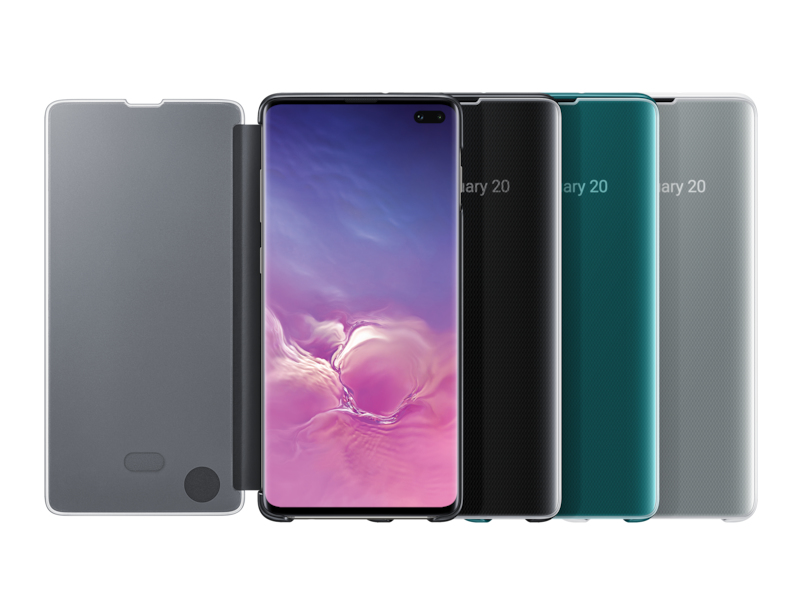 Fünf Smartphones mit verschiedenen farbigen Klapphüllen auf weißem Hintergrund.