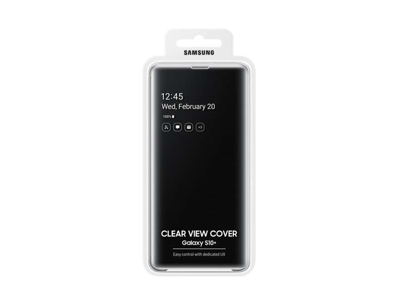 Samsung Galaxy S10+ Clear View Cover in weißer Verpackung mit schwarzem Smartphone.