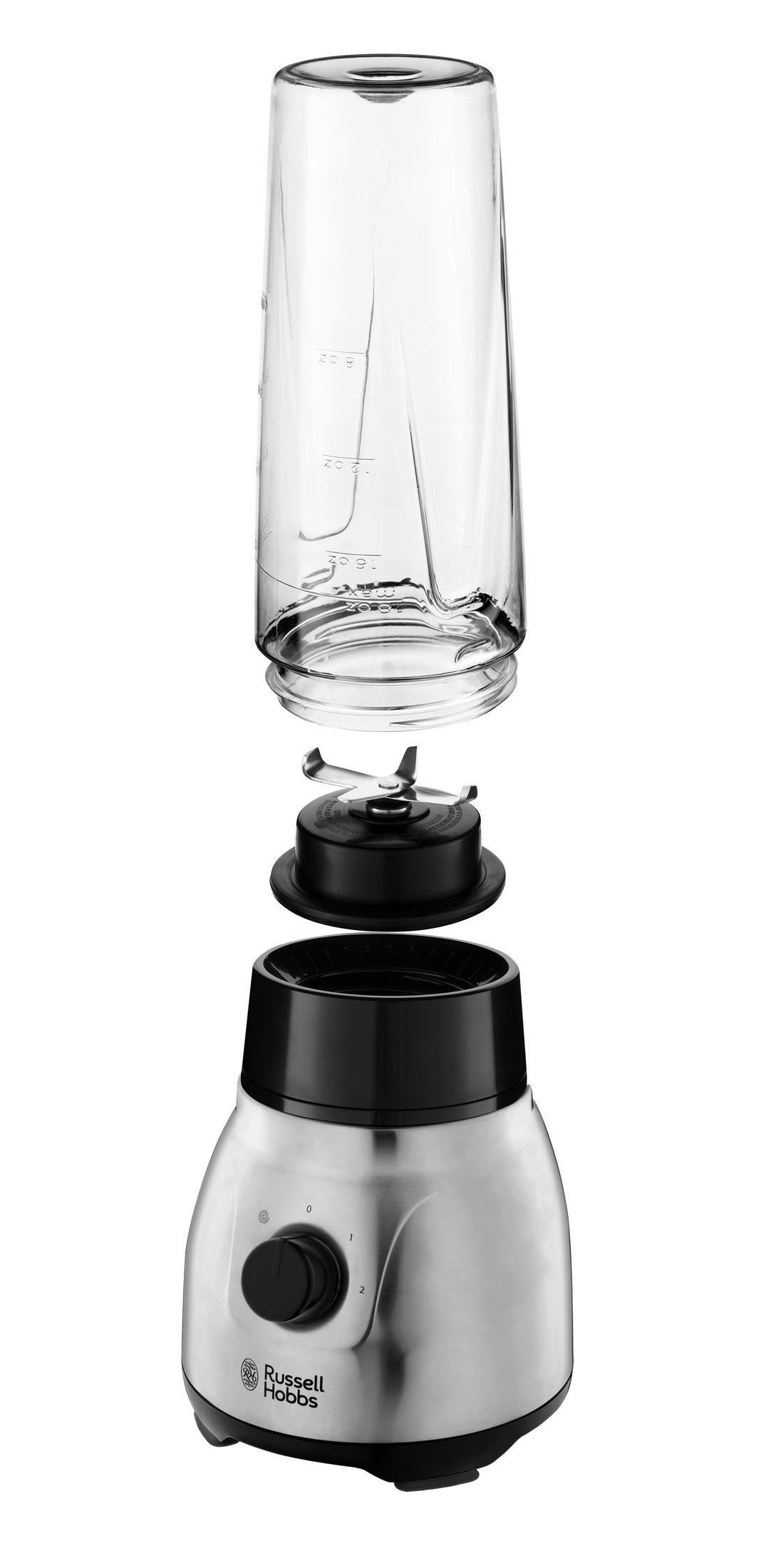 Un blender Russell Hobbs est représenté démonté en ses trois parties principales : base, lames et bol en verre.