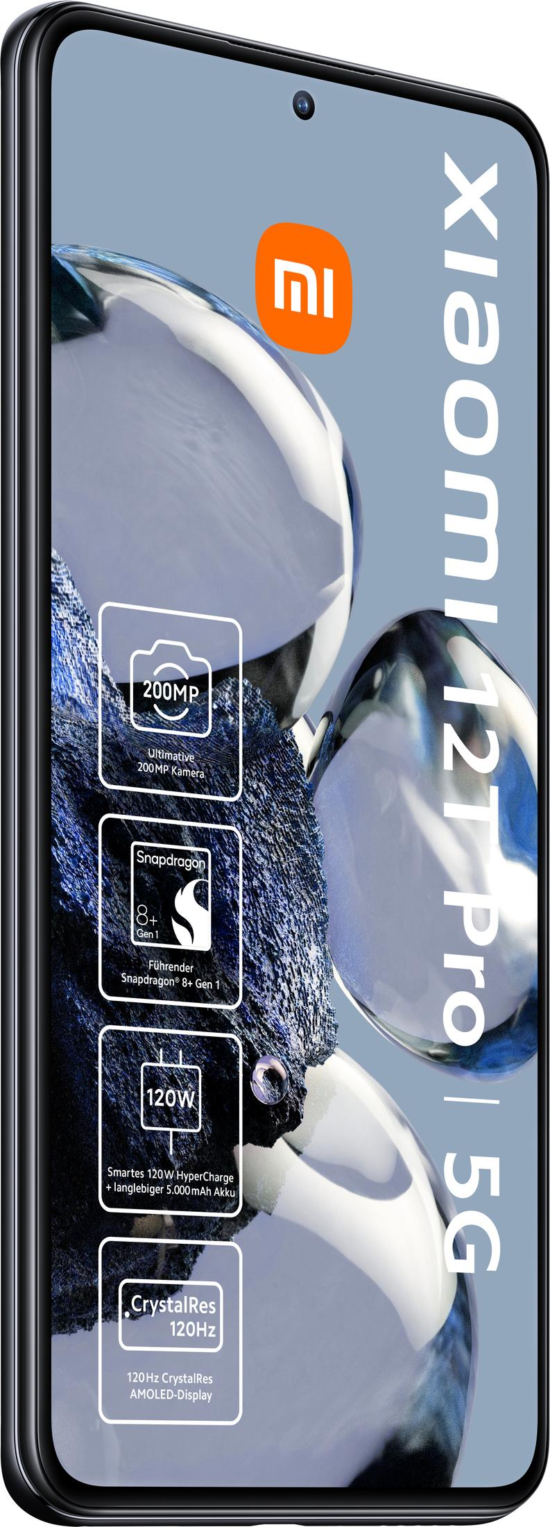 Xiaomi 12T Pro 5G Smartphone mit farbigem Display, das technische Merkmale und das orangefarbene Logo anzeigt.