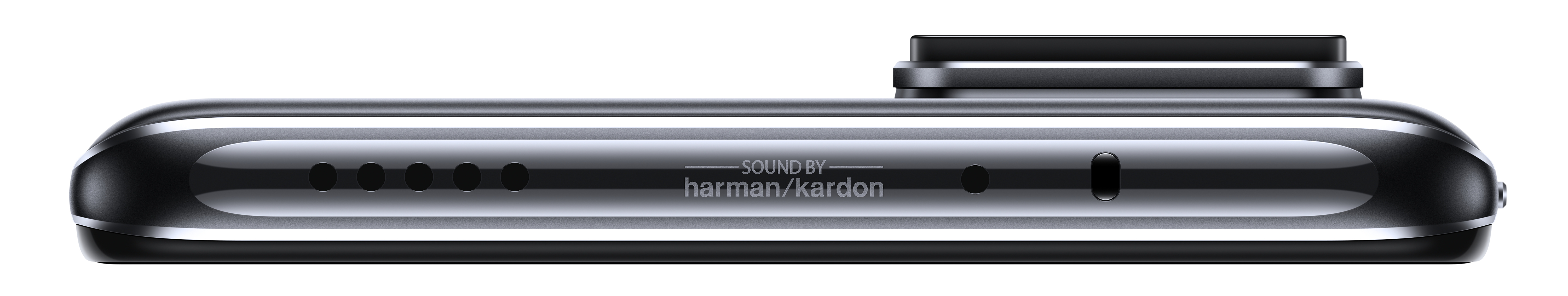 Seitenansicht eines schwarzen Smartphones mit Harman Kardon-Logo, Lautsprecheröffnungen und Kameramodul.