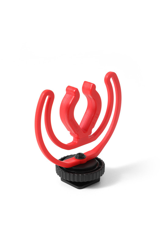 Rote Mikrofonspinne auf einer schwarzen Basis mit Einstellrad vor weißem Hintergrund.