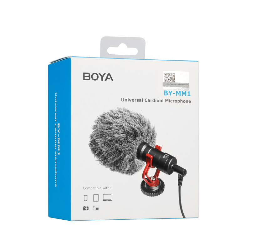 Boya BY-MM1 Universelles Nierenmikrofon in weißer und blauer Schachtel mit Windschutz.