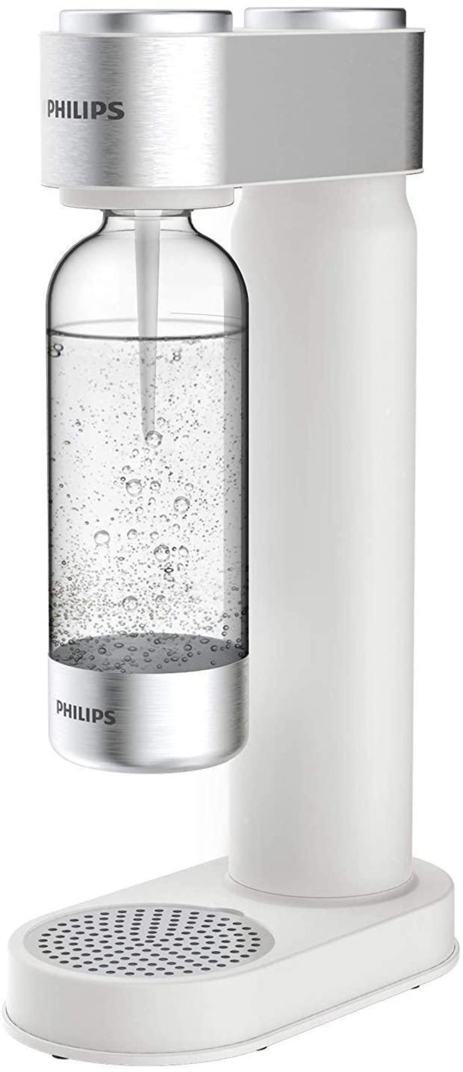 Ein weiß-silberner Philips Wassersprudler mit einer Glasflasche voller Sprudelwasser und Blasen.