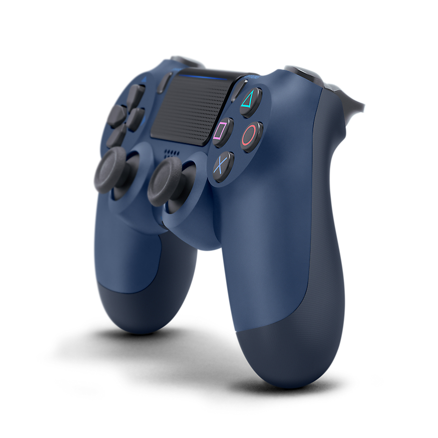 A blue PlayStation 4 wireless controller is displayed on a white background, viewed from an angle.