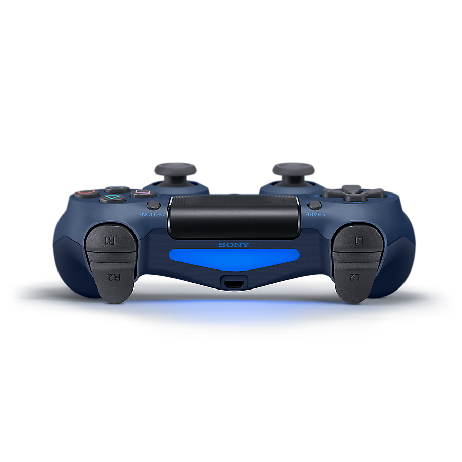 A blue PlayStation 4 controller viewed from the front, showcasing thumbsticks, action buttons, and glowing light bar.