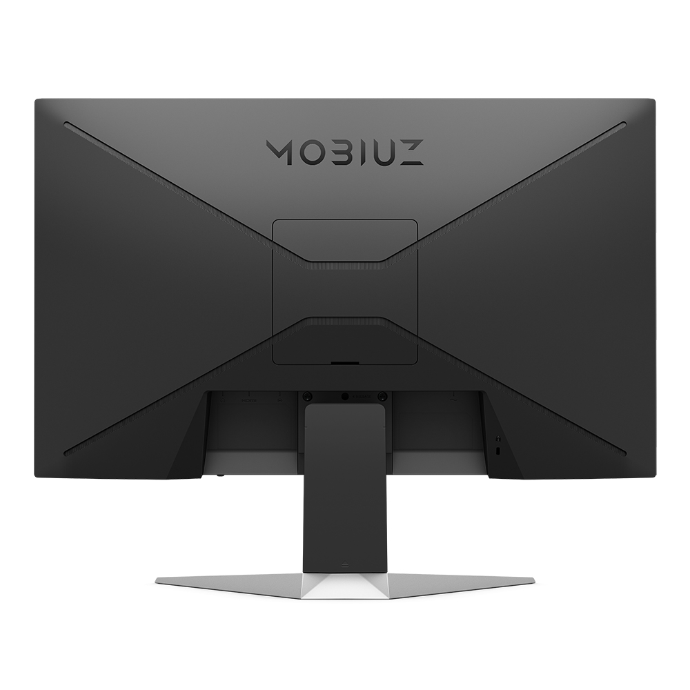 Vista trasera de un monitor negro MOBIUZ en soporte con base plateada, mostrando puertos y diseño en X.