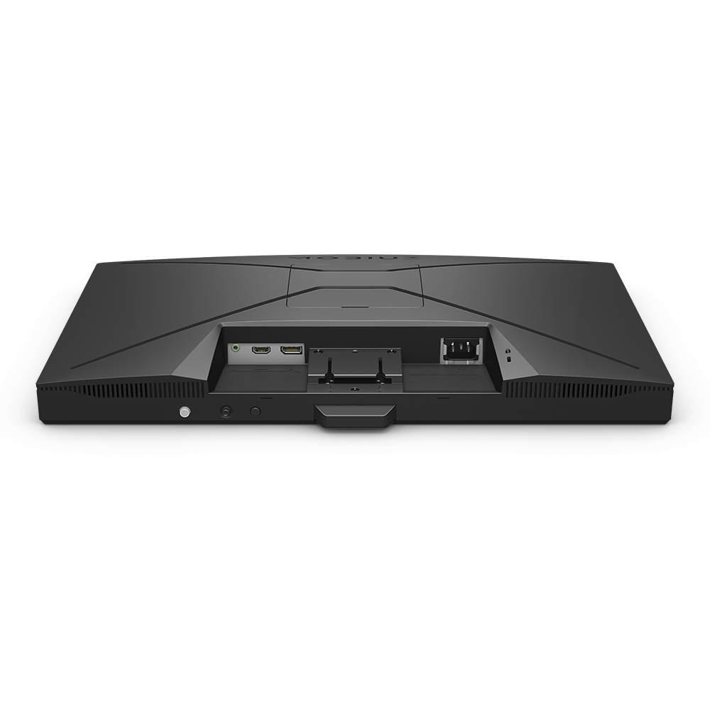 Vista trasera de un monitor negro con varios puertos y diseño geométrico.