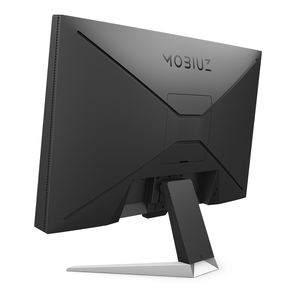 Vista trasera de un monitor de juegos Mobius negro con un soporte ergonómico.